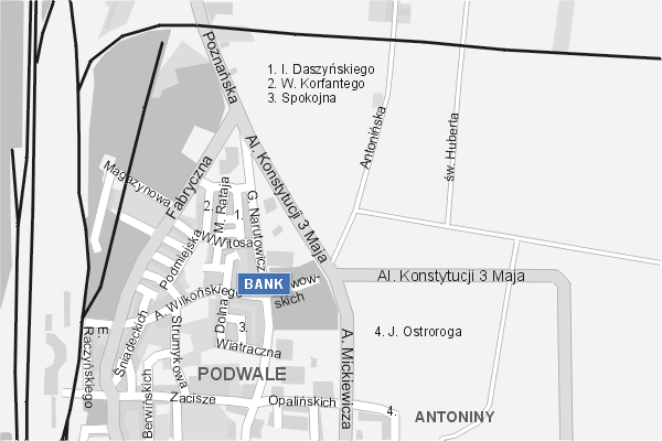 Mapa ( Plan ) Leszna. Warstwa Bankowa Leszno. Leszno - Wielkopolska.  
  
   Warstwa bankowa prezentuje wybrane lokalizacje leszczyskich bankw w postaci umieszczonego znaku graficznego BANK. Po najechaniu kursorem myszy na znak graficzny pojawia si nazwa i adres lokalizowanego banku (IE), a po klikniciu w niektre loga otwiera dodatkowe okienko z opisem banku i danymi teleadresowymi. Mapa wykonana jest w skali 1:10 000 - warstwa bankowa.

Leszno - warstwa bankowa ( BANK ) Internetowego Planu Leszna serwisu Cyber Wielkopolska.