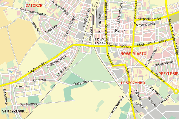 Mapa ( Plan ) Leszna. Warstwa gwna. Leszno - Wielkopolska.    
   Warstwa gwna prezentuje ukad ulic Leszna, oraz okolicznych miejscowoci. Zaznaczono: gwne trasy komunikacyjne, trasy przelotowe Leszna, jeziora, rzeki, trasy kolejowe, tereny zielone, przemysowe i zarysy zabudowa. Mapa wykonana jest w skali 1:10 000 - warstwa podstawowa oraz w wikszych skalach.

Leszno - warstwa gwna Internetowego Planu Leszna serwisu Cyber Wielkopolska.