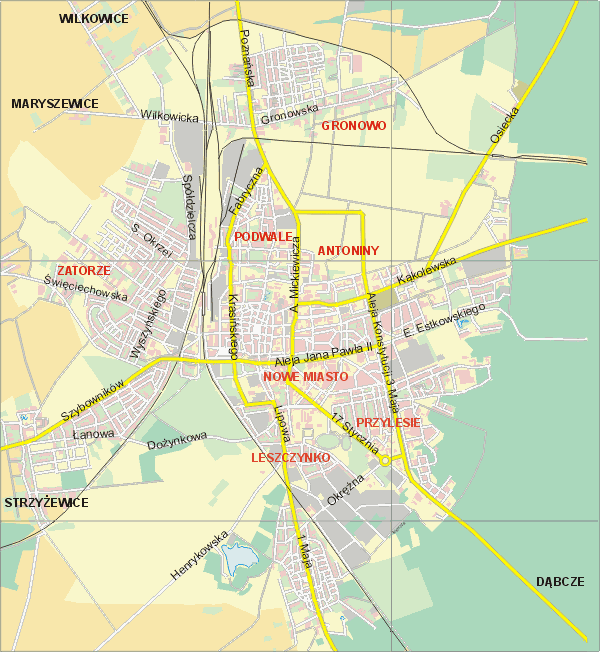 Mapa ( Plan ) Leszna. Warstwa gwna. Leszno - Wielkopolska.    
   Warstwa gwna prezentuje ukad ulic Leszna, oraz okolicznych miejscowoci. Zaznaczono: gwne trasy komunikacyjne, trasy przelotowe Leszna, jeziora, rzeki, trasy kolejowe, tereny zielone, przemysowe i zarysy zabudowa. Mapa wykonana jest w skali 1:10 000 - warstwa podstawowa oraz w wikszych skalach.

Leszno - warstwa gwna Internetowego Planu Leszna serwisu Cyber Wielkopolska.