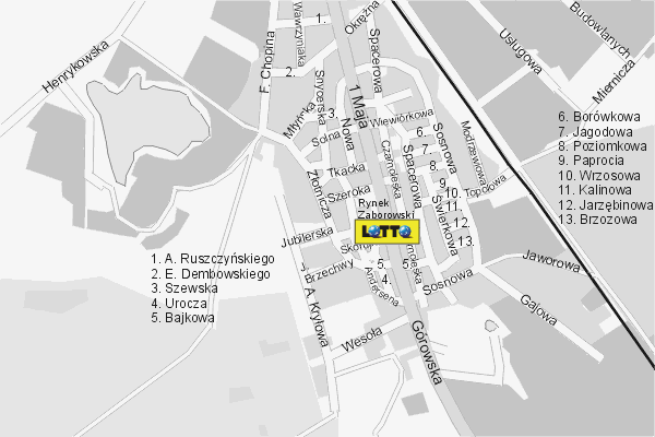 Mapa ( Plan ) Leszna. Lokalizacje LOTTO Leszno. Leszno - Wielkopolska.  
  
   Warstwa LOTTO prezentuje lokalizacje leszczyskich lottomatw w postaci umieszczonego znaku graficznego LOTTO. Po najechaniu kursorem myszy na znak graficzny pojawia si nazwa i adres lokalizowanego lottomatu (IE), a po klikniciu w niektre loga otwiera dodatkowe okienko z opisem kolektury, danymi teleadresowymi i godzinami otwarcia. Mapa wykonana jest w skali 1:10 000 - warstwa LOTTO.

Lotto - lokalizacje lottomatw ( LOTTO ) Internetowego Planu Leszna serwisu Cyber Wielkopolska.