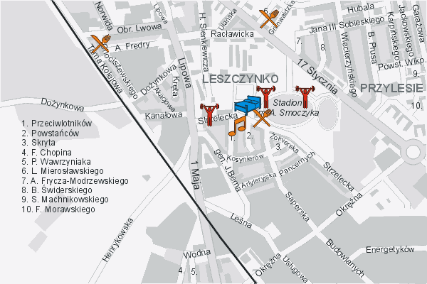 Mapa ( Plan ) Leszna. Turystyczne Leszno. Leszno - Wielkopolska.  
  
   Warstwa turystyczna prezentuje lokalizacje obiektw turystycznych (zabytki, muzea, punkty widokowe, itp.) na terenie Leszna. Mapa wykonana jest w skali 1:10 000 - warstwa turystyczne Leszno.

Leszno - warstwa turystyczna Internetowego Planu Leszna serwisu Cyber Wielkopolska.